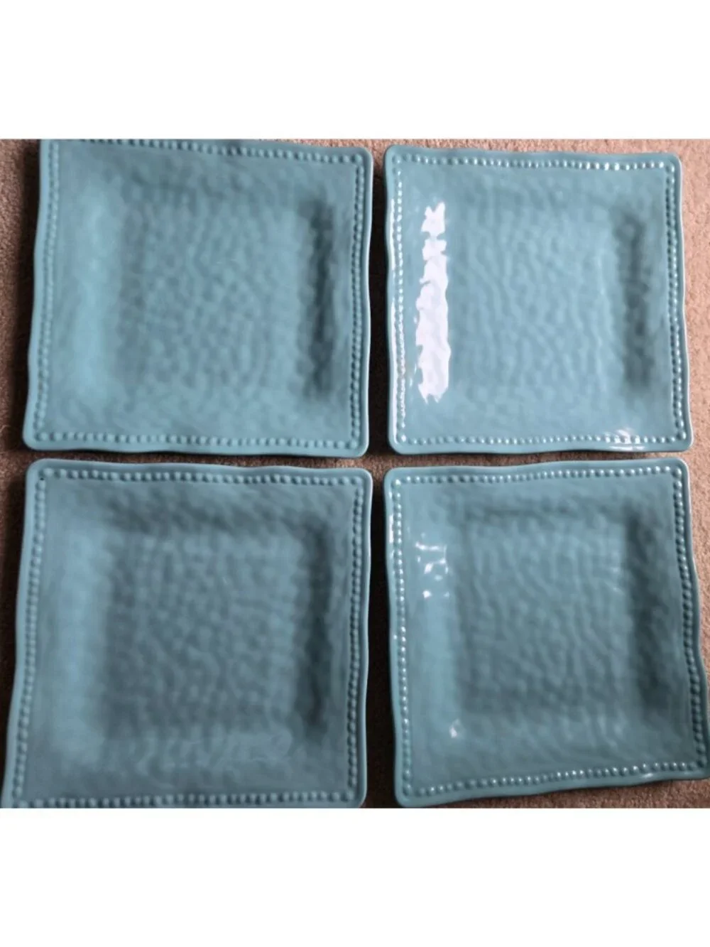 4 Tommy Bahama Blue / Aqua 10.75” Hobnail Square Melamine Dinner Plates